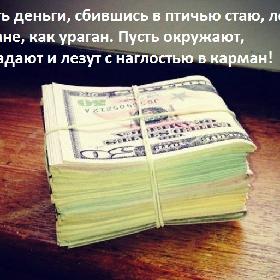 Пусть деньги, сбившись в птичью стаю, летят ко мне, как ураган. Пусть окружают, нападают и лезут с наглостью в карман!