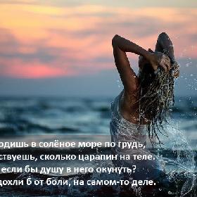 Заходишь в соленое море по грудь, И чувствуешь, сколько царапин на теле. А если бы душу в него окунуть? Мы сдохли б от боли, на самом-то деле.