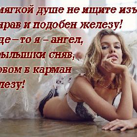 Вы в мягкой душе не ищите изъян... Хоть нрав и подобен железу! Вообще-то я – ангел, но, крылышки сняв, за словом в карман не полезу!