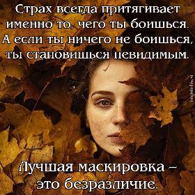 Страх всегда притягивает именно то, чего ты боишься. А если ты ничего не боишься, ты становишься невидимым. Лучшая маскировка – это безразличие.