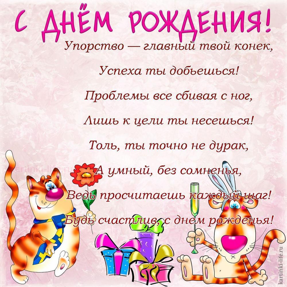 Упорство — главный твой конек,
Успеха ты добьешься!
Проблемы все сбивая с ног,
Лишь к цели ты несешься!
Толь, ты точно не дурак,
А умный, без сомненья,
Ведь просчитаешь каждый шаг!
Будь счастлив, с днем рожденья!